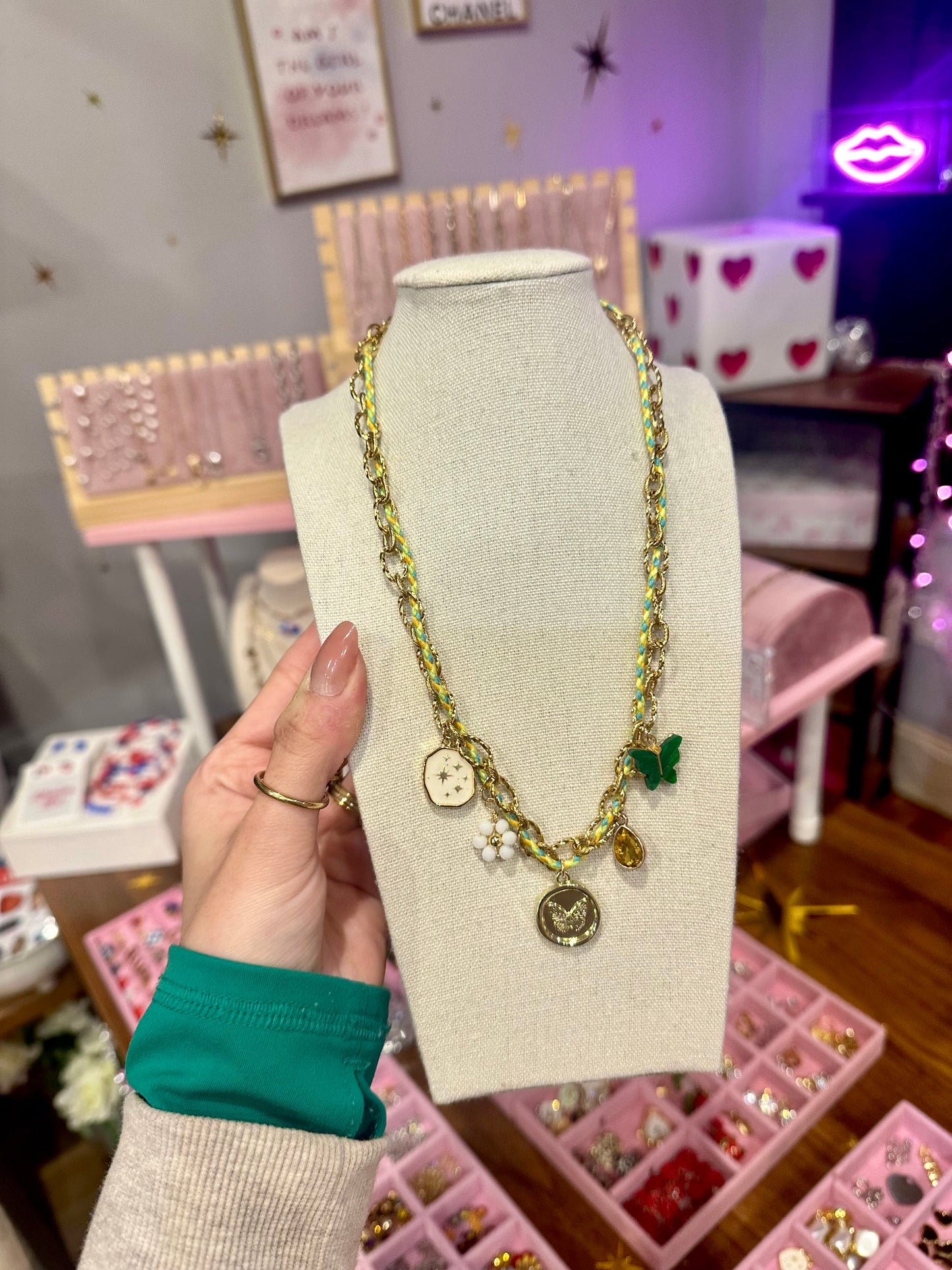 Lucky Girl Threaded Green Charm Necklace