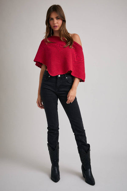 Off The Shoulder Red Crochet Poncho