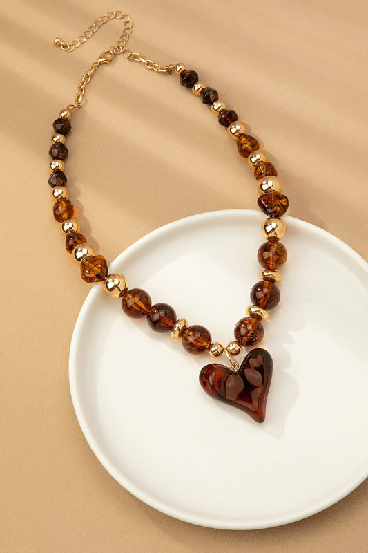 Chunky Beaded Brown Heart Charm Necklace