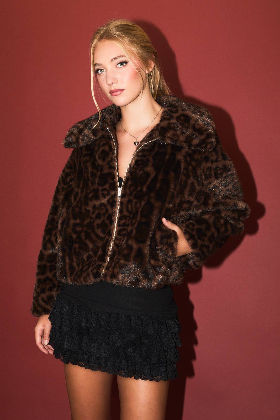 Animal Print Faux Fur Zippered Jacket