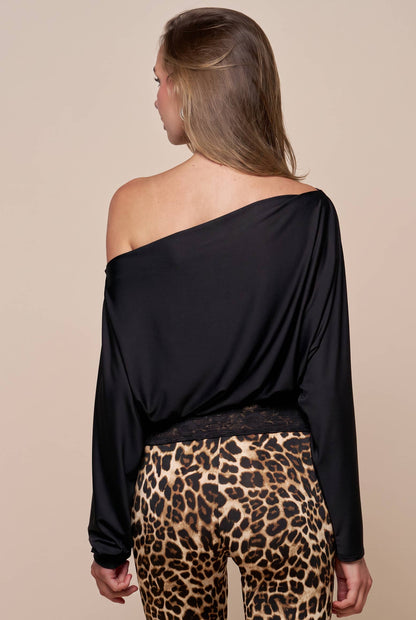 Black OTS Long Sleeve Top with Lace Hem