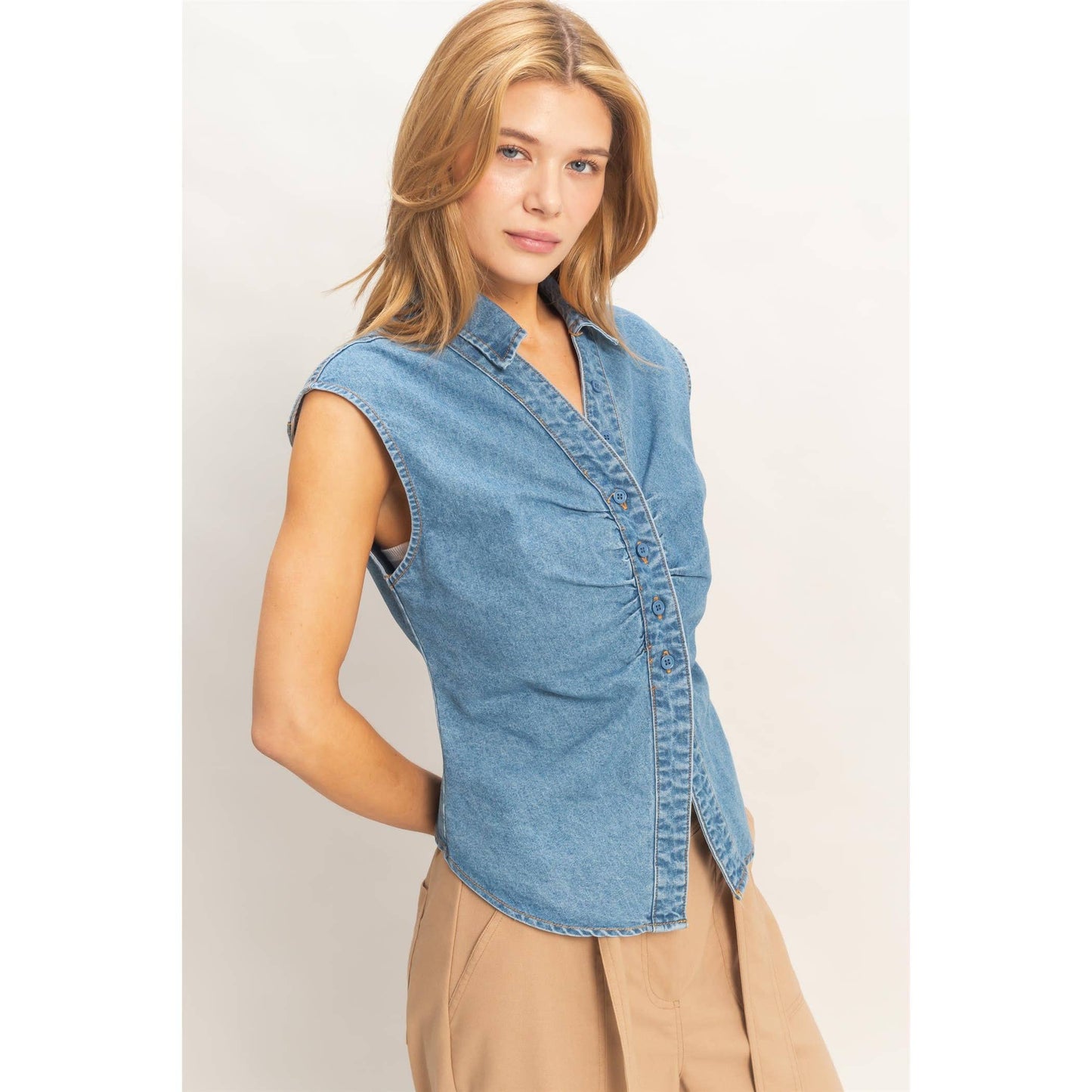 Sleeveless Blue Denim Button-Up Top