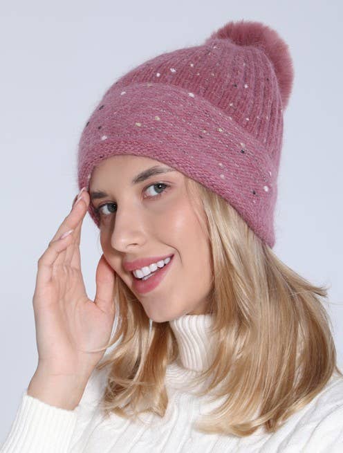Sequin Faux Fur Pom Pom Beanie
