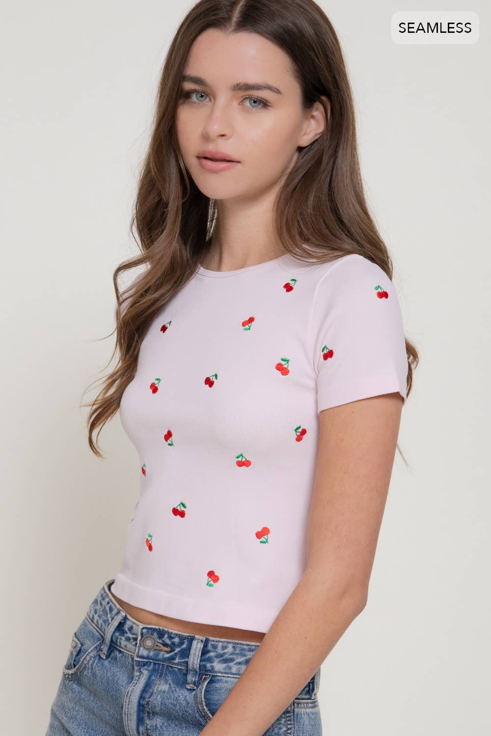 Short Sleeve Crew Neck Cherry Embroidery Detail Seamless Top