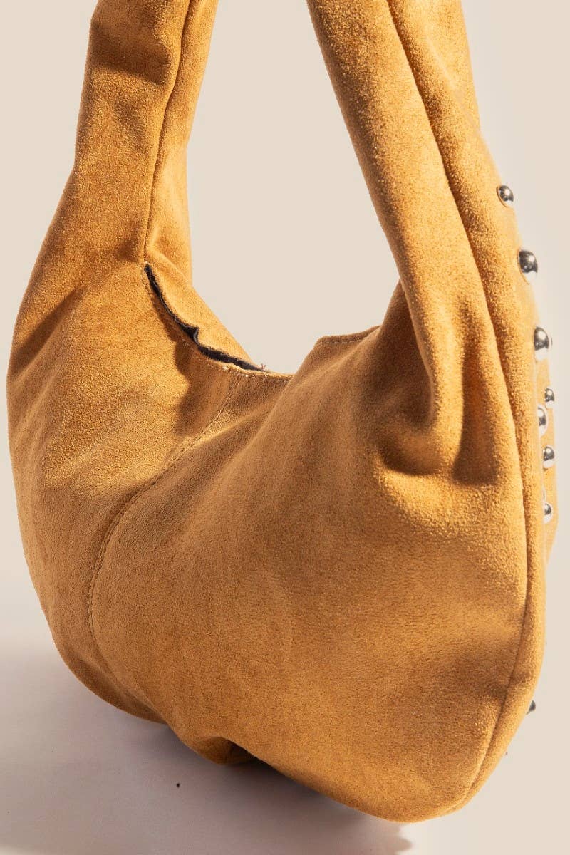 Metallic Studded Khaki Faux Suede Hand Bag