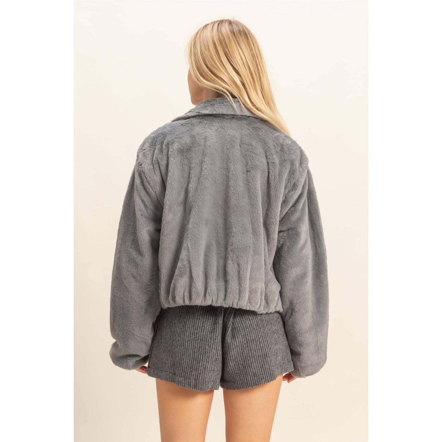 Blue Grey Faux Fur Zip Up Jacket