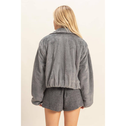 Blue Grey Faux Fur Zip Up Jacket