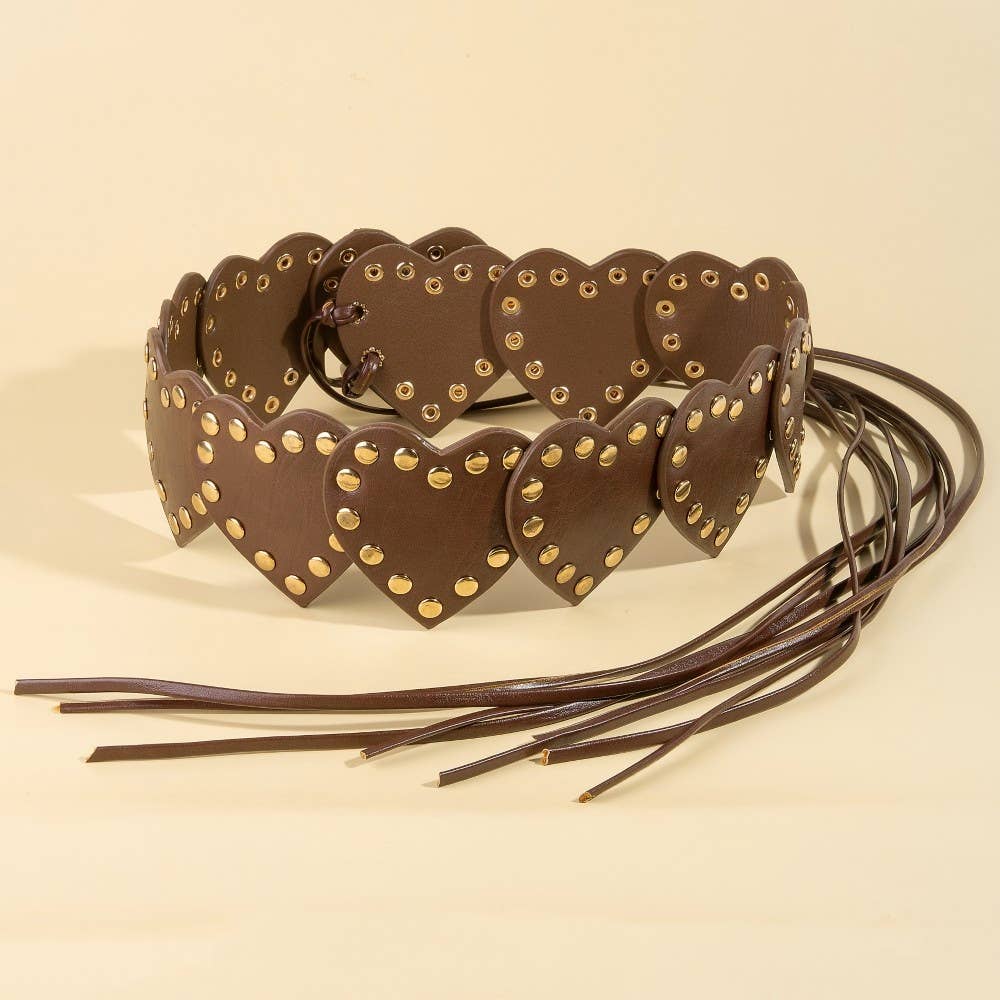 Heart Brown Studded Trim Vegan Leather Belt