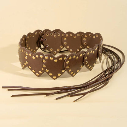 Heart Brown Studded Trim Vegan Leather Belt