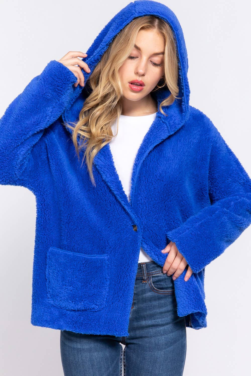 Blue Dolman Sleeve Hoodie Sherpa Jacket