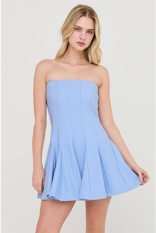 Baby Blue Strapless Tube Dress With Godet