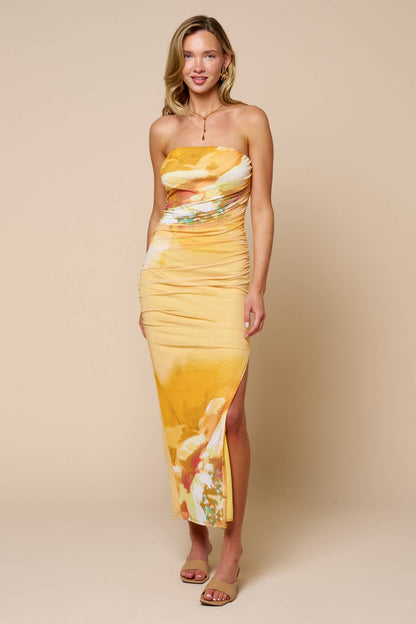 Floral Strapless Ruched Mesh Maxi Dress
