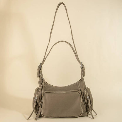 Multi Pocket Leather Gray/Green Shoulder Bag