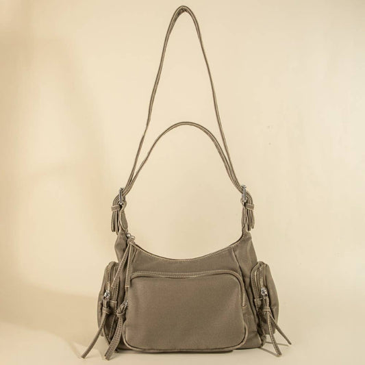 Multi Pocket Leather Gray/Green Shoulder Bag