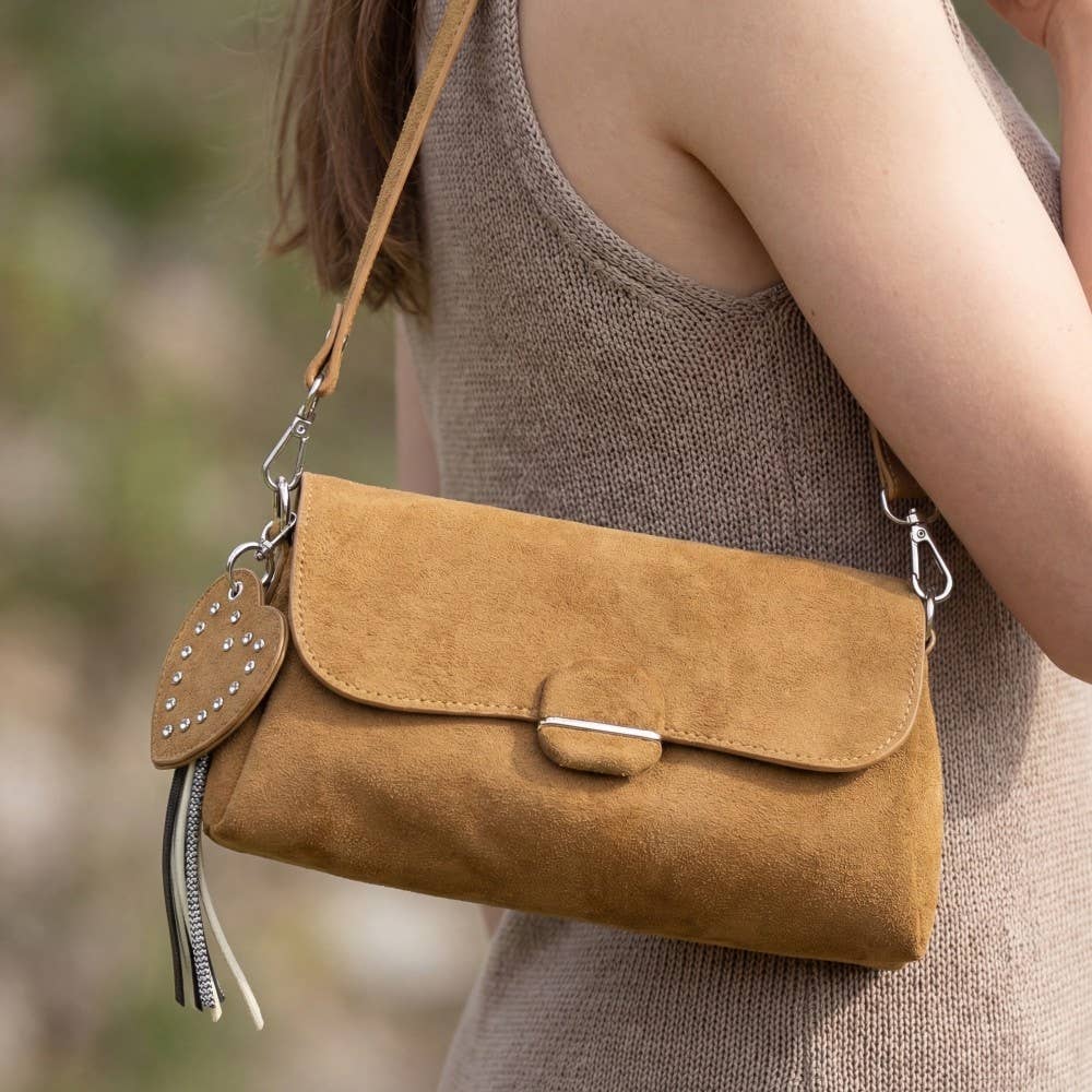 Suede Shoulder Bag Heart And Tassel Accent | Black or Taupe