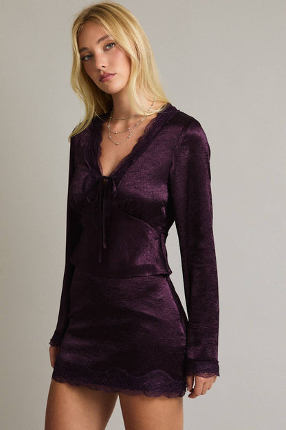 Satin Dark Purple Lace Mini Skirt