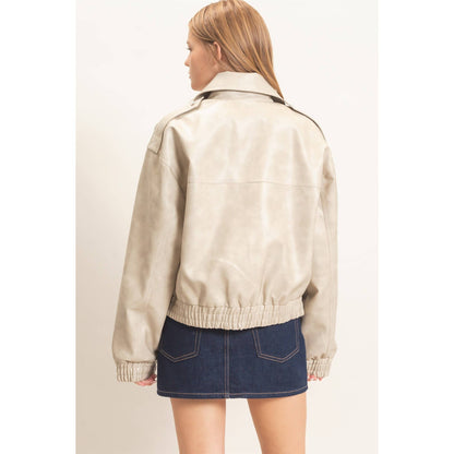 Faux Leather Collared Bomber Jacket