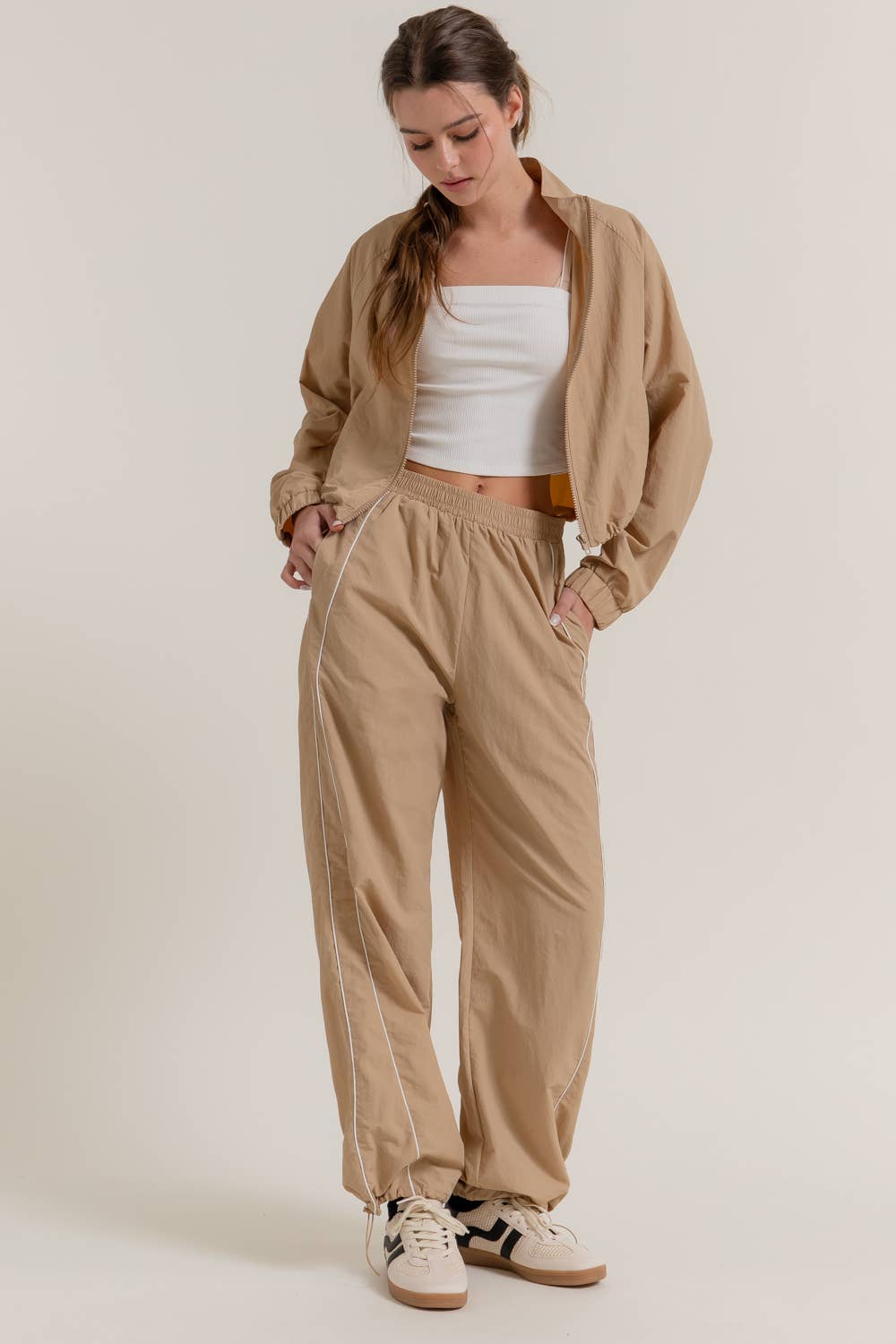 Khaki Side Piping Track Pants w/ Stopper