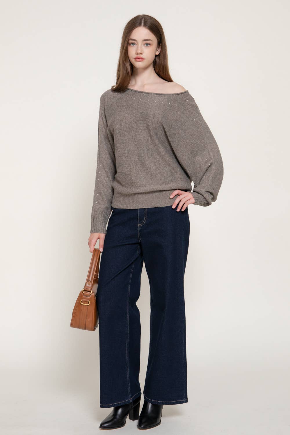 Long Sleeve Wide Boat Neck Studded Sweater