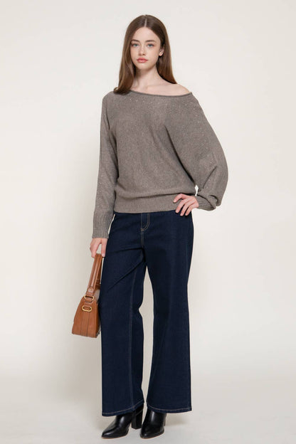 Long Sleeve Wide Boat Neck Studded Sweater