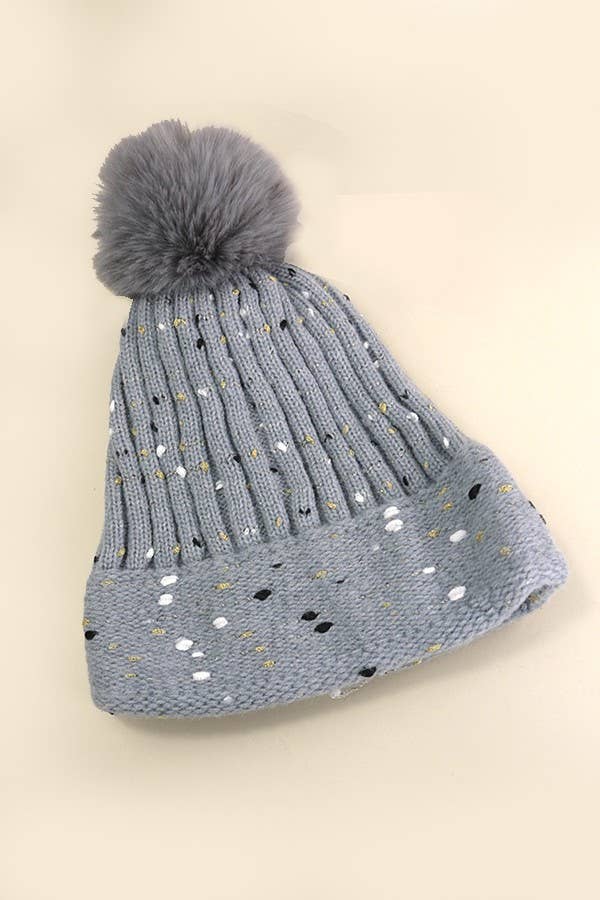 Sequin Faux Fur Pom Pom Beanie