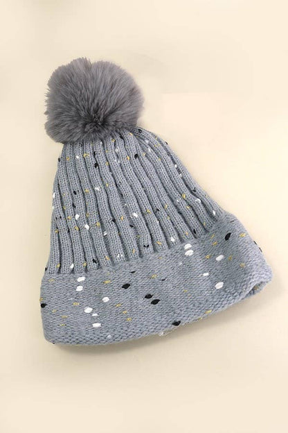 Sequin Faux Fur Pom Pom Beanie