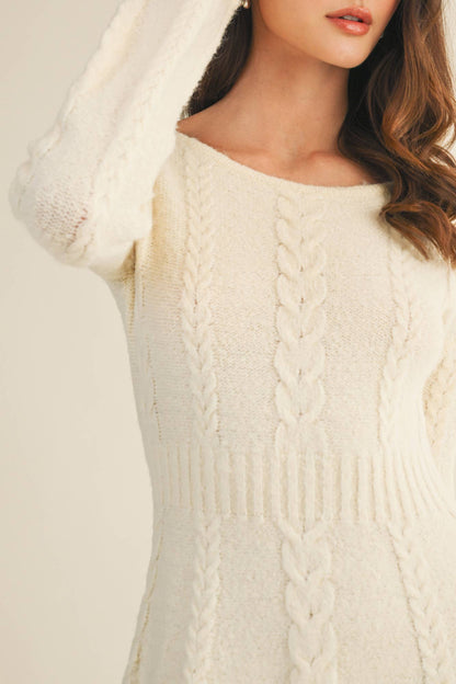Cable Knit Ivory Flared Sweater Dress