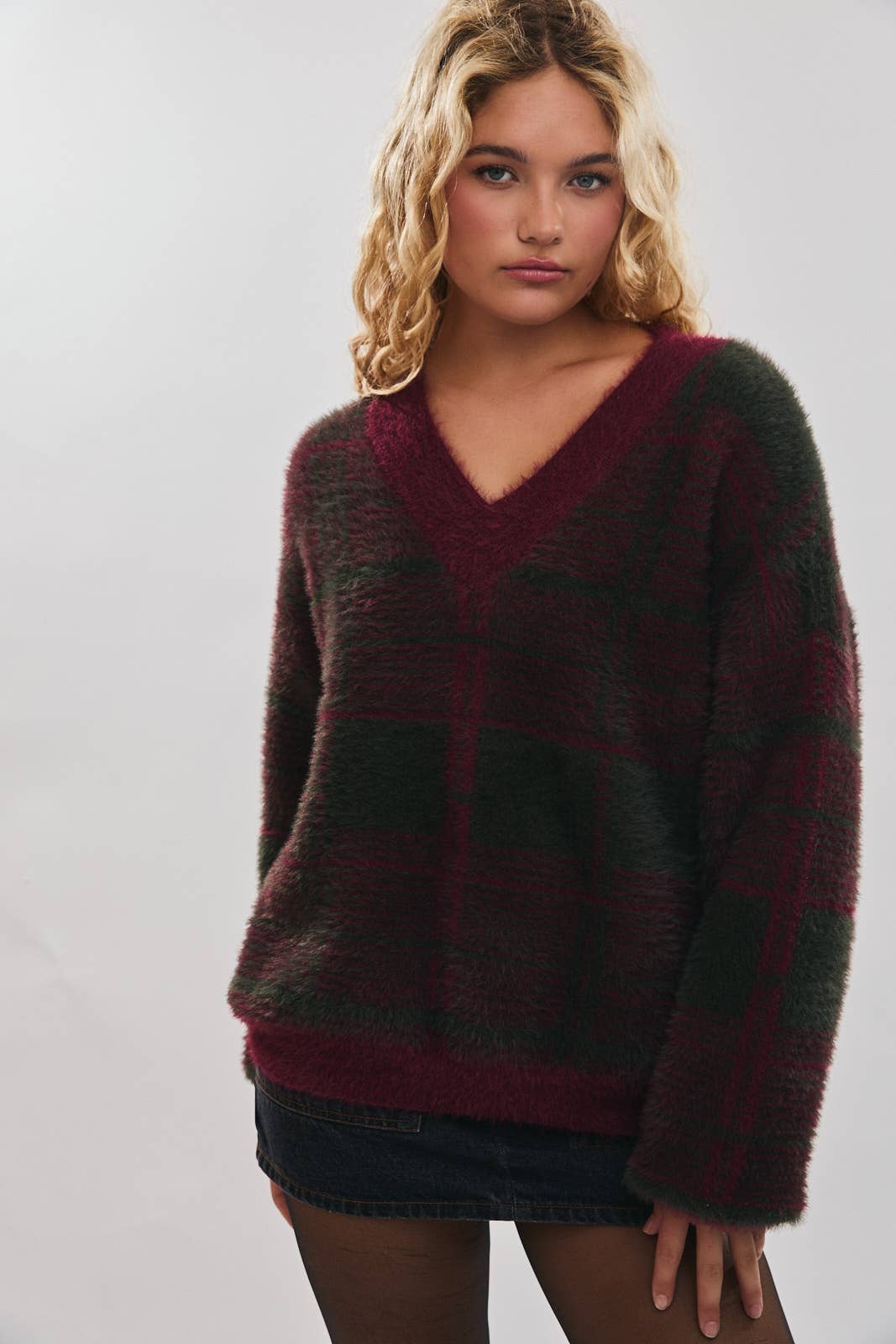 V-Neck Plaid Sweater
