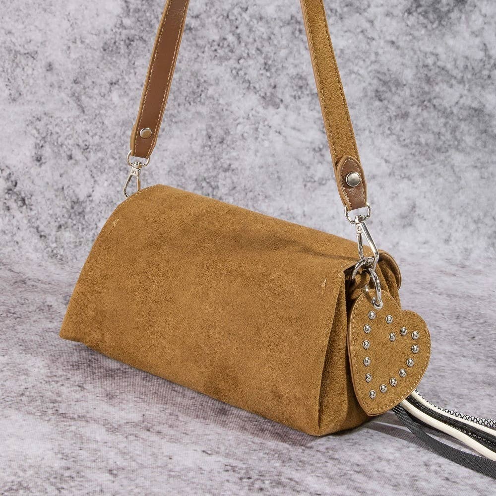Suede Shoulder Bag Heart And Tassel Accent | Black or Taupe