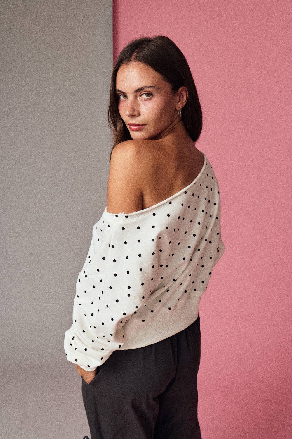 White/Black Polka Dot Off Shoulder Sweatshirt