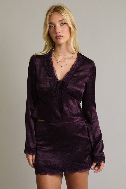Satin Dark Purple Lace Mini Skirt