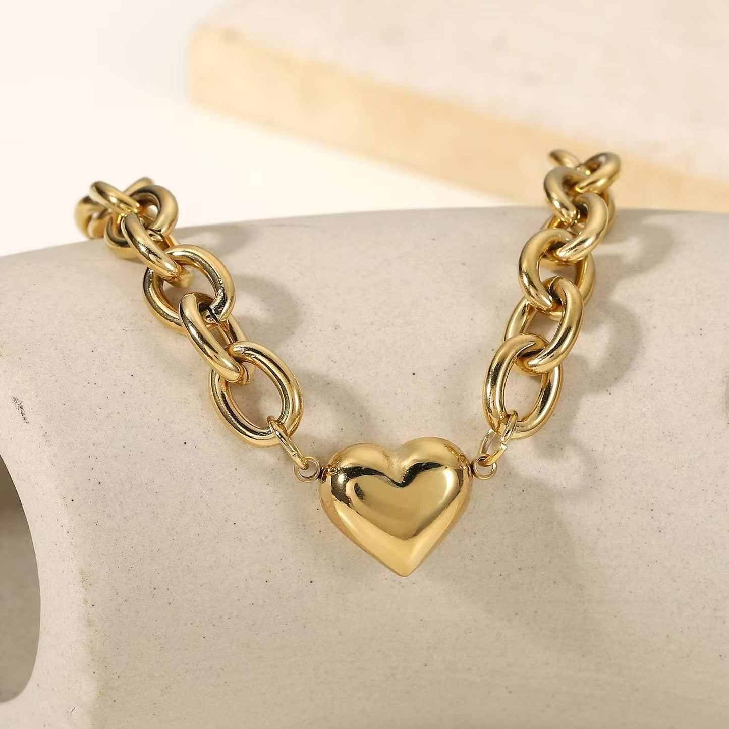 Gold Stainless Steel Chunky Heart Necklace