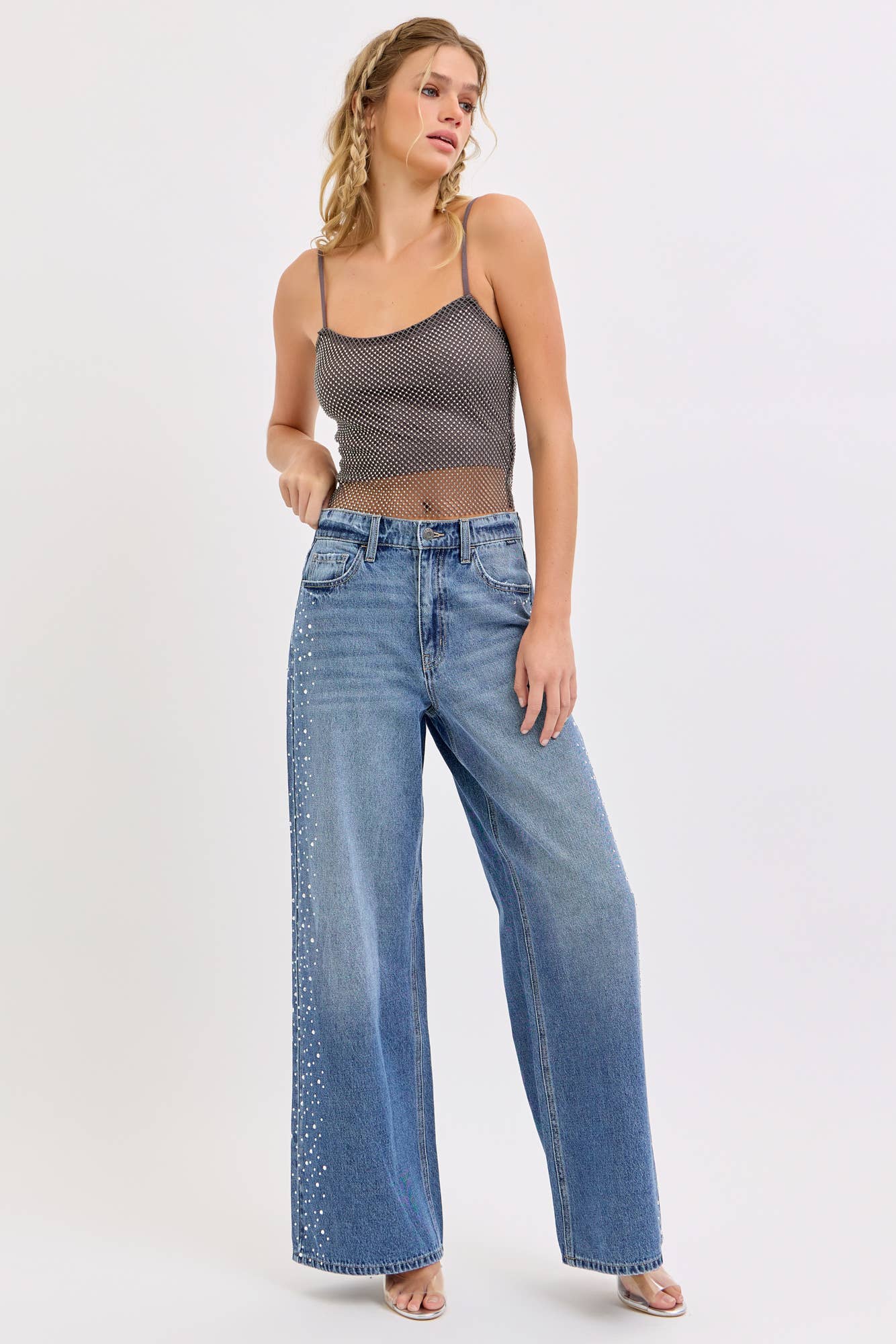 High Rise Wide Leg Rhinestone Jeans