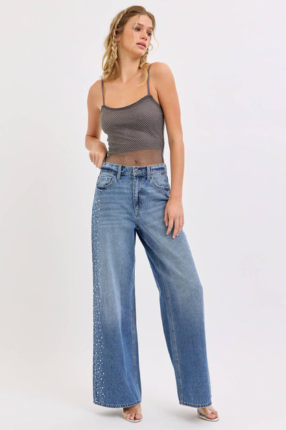 High Rise Wide Leg Rhinestone Jeans