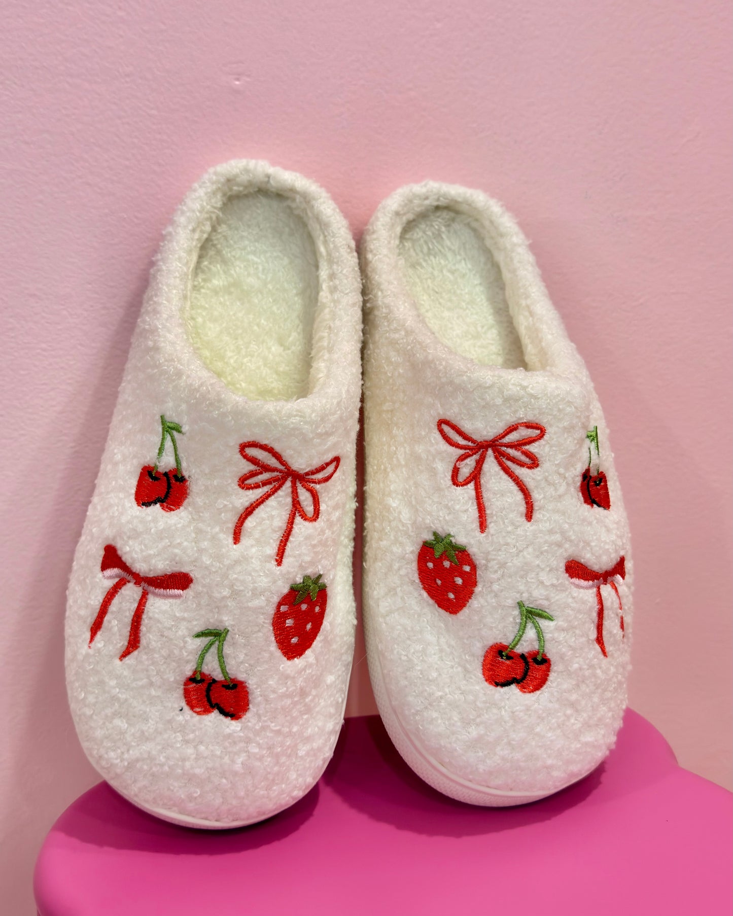 Bows Girly Embroidery Pink/White Slippers