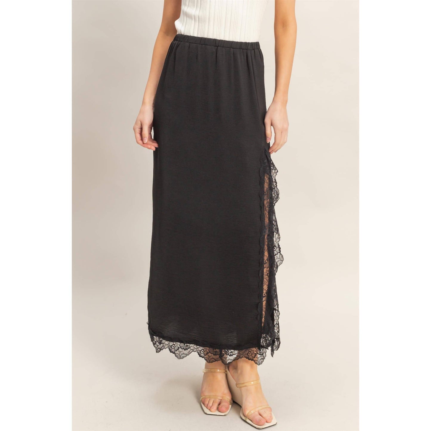 Black Skirt With Front Slit And Lace Hem