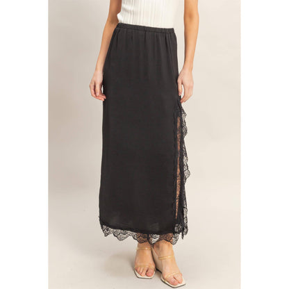 Black Skirt With Front Slit And Lace Hem