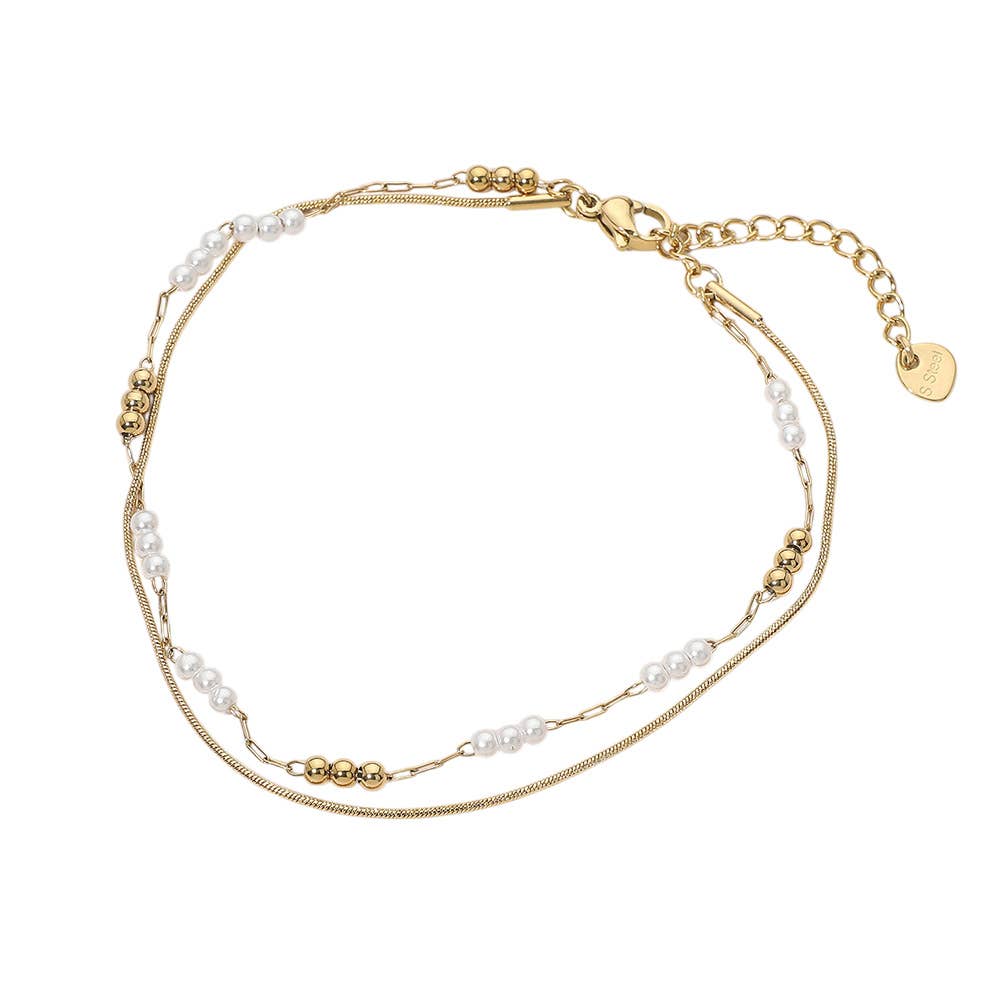 Stainless Steel Pearl Ball Beaded Layered Chain Anklet