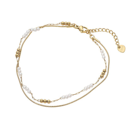 Stainless Steel Pearl Ball Beaded Layered Chain Anklet