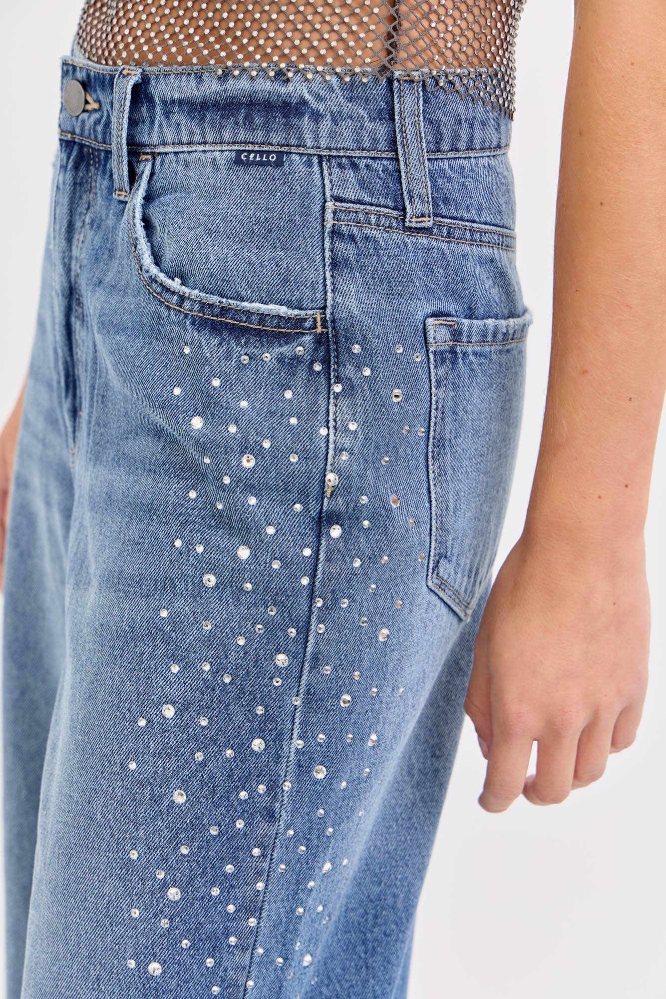 High Rise Wide Leg Rhinestone Jeans