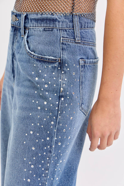 High Rise Wide Leg Rhinestone Jeans