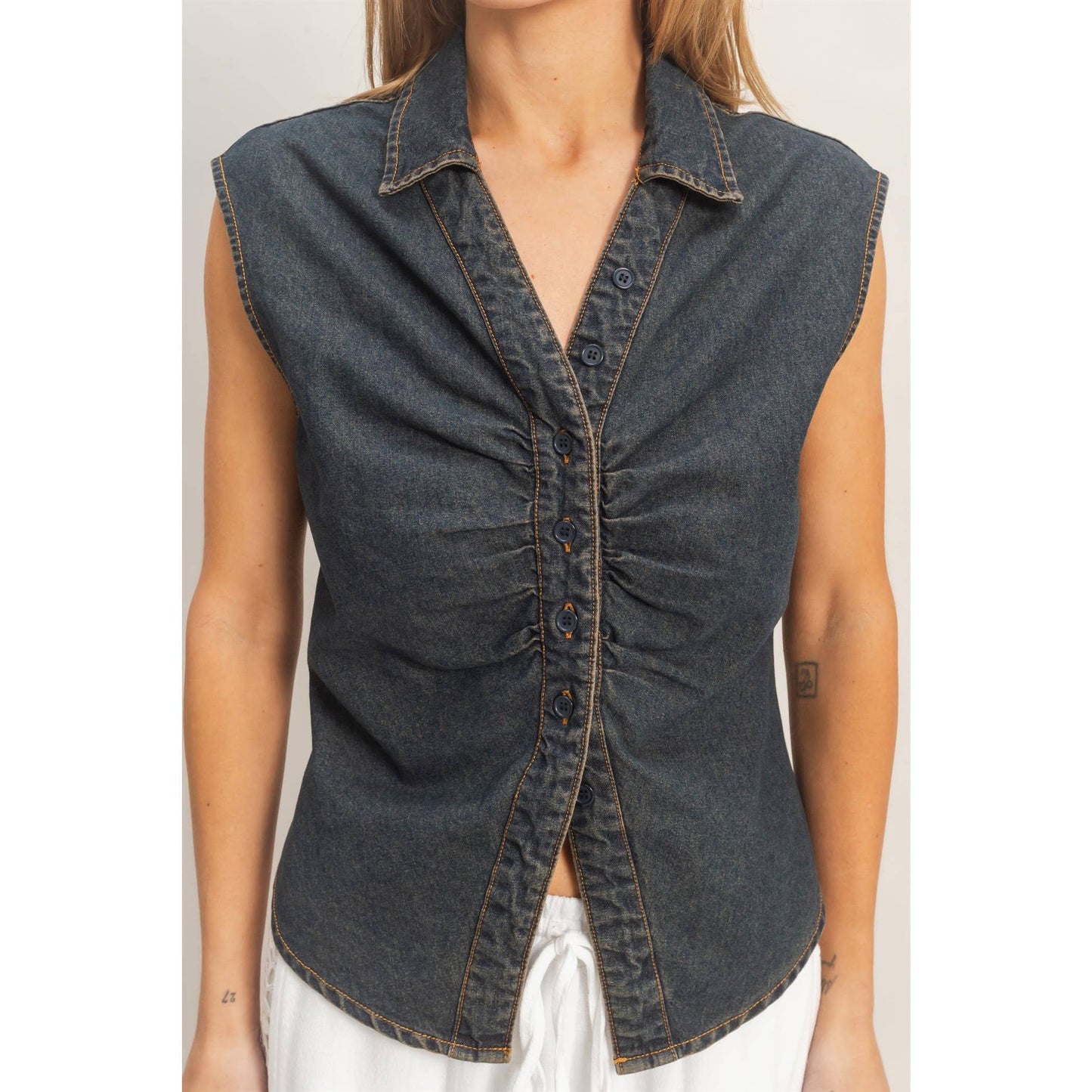 Black Sleeveless Denim Button-Up Top