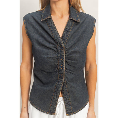 Black Sleeveless Denim Button-Up Top
