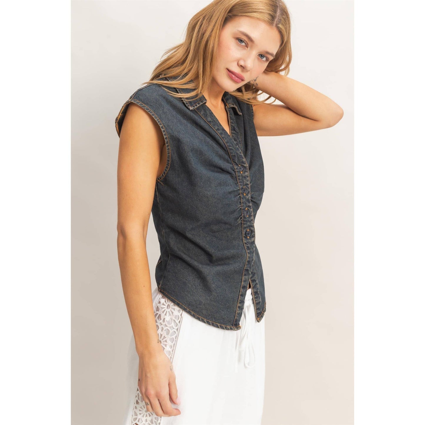 Black Sleeveless Denim Button-Up Top