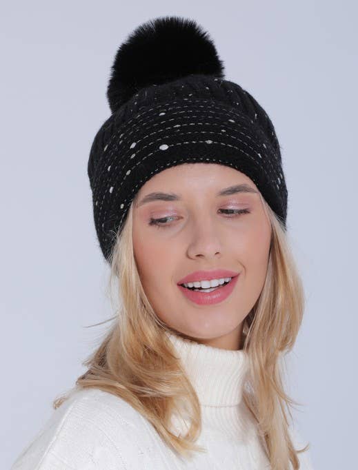 Sequin Faux Fur Pom Pom Beanie