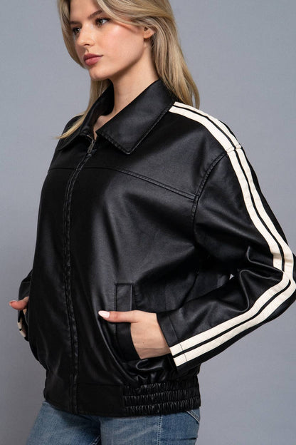 Line Detail Faux Leather Jacket - Black