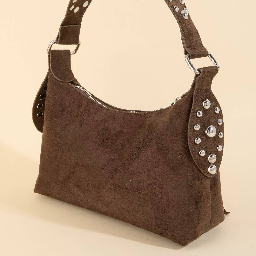 Brown Dome Studded Suede Shoulder Bag