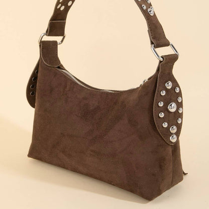 Brown Dome Studded Suede Shoulder Bag