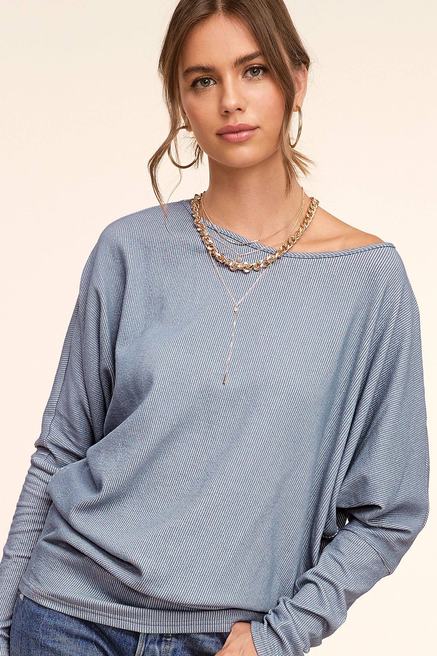 Slate Blue Loose Fit Batwing Sleeve Top