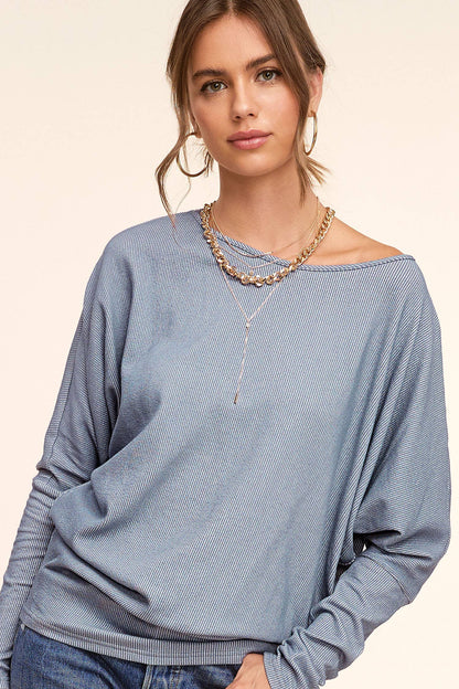 Slate Blue Loose Fit Batwing Sleeve Top